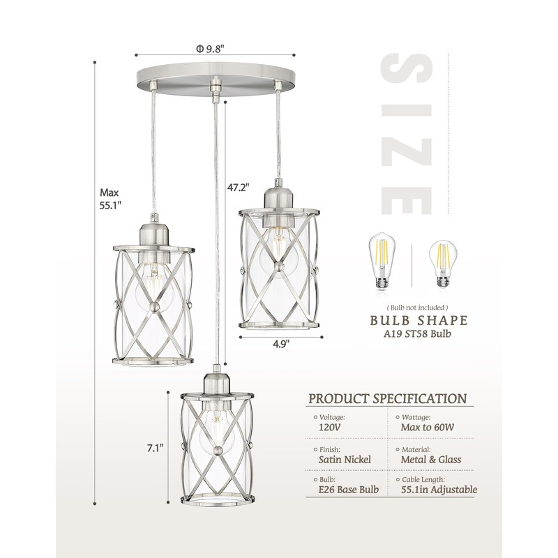 Osimir Brushed Nickel Dining Room Chandelier Light Fixture, 3-Light Pendant