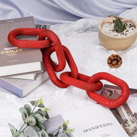 QUEENSDOWN Decorative Wood Chain Link Modern Boho Home Farmhouse Decor, 5 Link Chain Decor Hand-Carved Wooden Aesthetic Crafts, Sustainable Pine Wood for Shelf, Living Room, Rustic Country