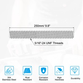 PATIKIL Threaded Rod Bolt 304 Stainless Steel Full Thread Rod 5/16"-24 UNF 250mm Diameter 7.94mm 1-Piece Stud Bolt Round Rod for Clamp Use