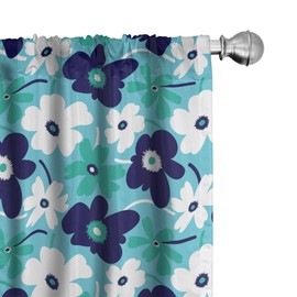 Ambesonne Aqua - Cortinas para ventana, diseño de flores primaverales sobre fondo azul, inspirado en la naturaleza, flores simplistas, juego de 2 paneles decorativos ligeros con bolsillo para barra, 142 x 160 cm, multicolor