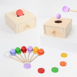 XOSECA 2-in-1 Montessori Toys Including Object Permanence Box with Seven Balls and Montessori Coin Box Color Shape Sorting,Montessori Toys for Babies 6-12 Months 1 2 Years Old