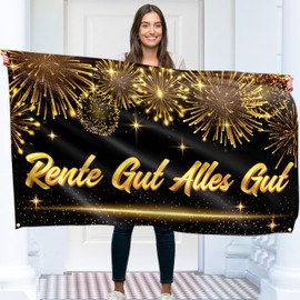 Rente Gut Alles Gut Banner 150 x 90 cm - Finally Retirement Garland - Alles Gute Zum Ruhestand Decoration - Vivid Digital Print - 110 Denier Polyester - Double Stitching (Black & Gold)