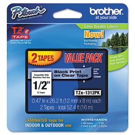 Brother TZE1312PK TZe Standard Adhesive Laminated Labeling Tapes, 1/2-Inch w, Black on Clear, 2/Pack