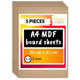 Creative Deco 5 x A4 MDF Board Sheet | 300 x 210 x 3mm Wood | Wooden Blank for Drawing, Home Decor, Art and Craft, Painting, DIY Projects, Laser Cutter, CNC Cutting, Scroll Saw, Stenciling Pyrography