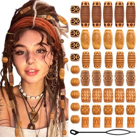 NAISKA 45 Pcs Wooden Hair Jewelry for Braids Locs Dreadlock Accessories Hair Tube Hair Cuffs DIY Braid Clips Loc Dreadlock Cuffs for Women Girls Festival Hairstyle Decoration