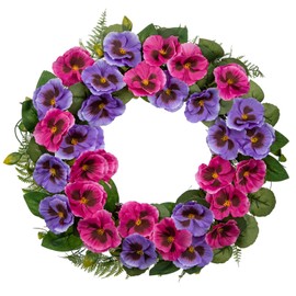 Arborus Spring Wreaths for Front Door 16" Purple Artificial Pansy Flower Wreath Spring Summer Door Wreath Fake Silk Floral Wreaths with Green Leaves for Farmhouse Mantle Kitchen Décor