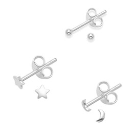 SET OF 3 PAIRS: Sterling Silver Ball, Moon & Star Earrings set (one pair of each design) SIZE: SMALL - 2mm, 4mm & 4.7mm. Gift Boxed. MUCH SMALLER THAN SHOWN.5140BALL/SET