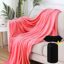 Ultralight Warm Travel Blanket, 200 x 150 cm, Pink Aeroplane Blanket, Travel Blanket for Aeroplane, Car, Camping Blanket with Sleeping Mask and Earplugs, Travel Gadget, for Camping, Office, Business