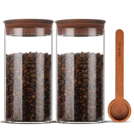 BOILMERIT 37 oz Coffee Canister with Scoop and Wooden Lids, Airtight Coffee Storage Container Sets of 2 for Ground Coffee, Glass Coffee jars for Coffee Beans, Coffee Bar Organizer, Kitchen Countertop