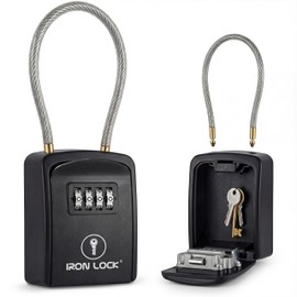 Iron Lock® Key Lock Box Portable with Cable Shackle – Small Waterproof Heavy-Duty Metal Safe with 4-Digit Combination for Spare Keys Outside on Door Knob, Fence, Pipe or Gate (Black, Small)