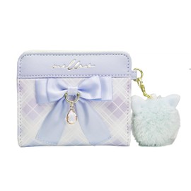 anilet + Mini Wallet, Bifold Ribbon Checker, Cat Pom Pom, L-Shaped Zipper, Wallet, Cat Ribbon, Girls, Present, Gift, BLUE