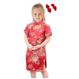 Girls Pretty Chinese Cheongsam Red Qipao Traditional Dress with Cute Match Hair Clips (US, Age, 6 Years, 8 Years, RedFloralBlossom)