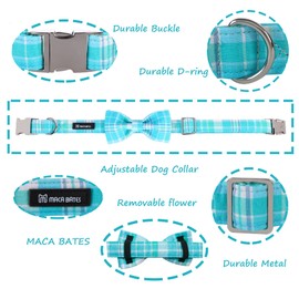 Maca Bates Plaid Blue Dog Collar with Checkered Bow Bowtie for Grid Dogs Bows Tie Adjustable Breakaway Collars Birthday Gift Colar for Small Medium Large XL Girl Boy Male Female Puppy Pets