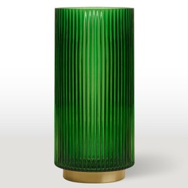 Torre & Tagus Adele Emerald Green Glass Vase with Gold Metal Base - Premium 10 Inch Glass Cylinder Vase for Decor & Ribbed Glass Vase for Flowers, Emerald Green and Gold Decor for Table Centerpiece