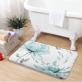 Teal Grey Watercolor Floral Bath Mat,Flower Leaves Minimalist Aesthetic Non Slip Absorbent Floor Rugs Quick Dry Soft Velvet Rugs Carpets, for Bathtub Bathroom Bedroom Kitchen, 17x29 Inch