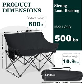 Leonyo Double Camping Chair, Loveseat Camping Chair, Outdoor Folding Moon Chairs for Adults, Side Pockets & Carry Bag for Outside Camping, Hiking, Travel, Beach and Sports, Supports 500lbs (Black)