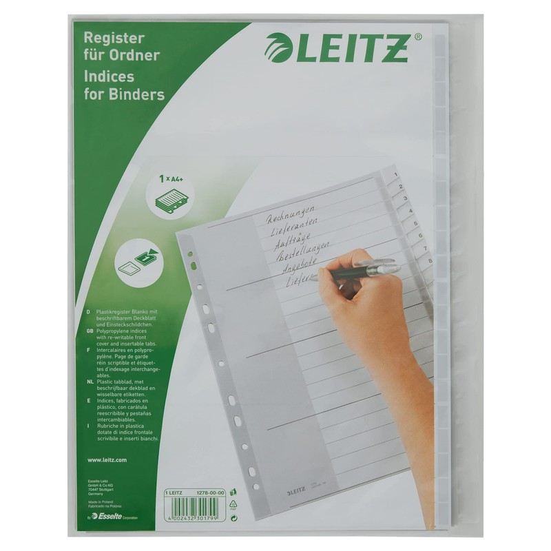 Leitz 12780000 Plastic Index Blank A4 Polypropylene - Grey, 20