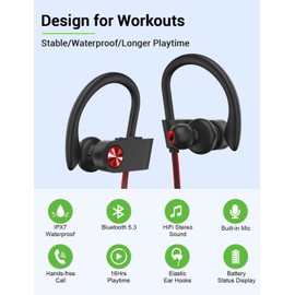 Stiive Bluetooth Headphones, 5.3 Wireless Sports Earbuds IPX7 Waterproof with Mic, Stereo Sweatproof in-Ear Earphones, Noise Cancelling Headsets for Gym Running Workout, 16 Hours Playtime - BlackRed