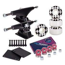 Cal 7 Skateboard Package | Complete Combo Set with 139 Millimeter / 5.25 Inch Aluminum Trucks, 52mm 99A Wheels & Bearings (Black Truck + White Speedway Wheels)