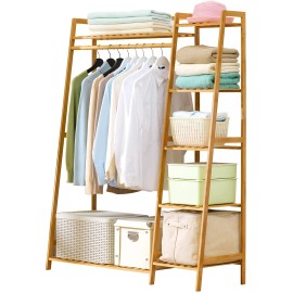 Bamboo Modern Free Standing Garment Rack with Shoe Rack Multi-tiered Wardrobe Storage Shelves for Bedroom Living Room & Entrywaycolor: Natural, size: Natural