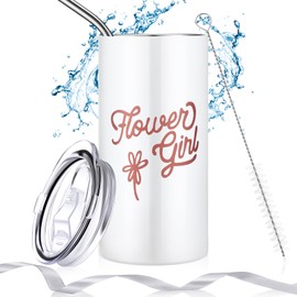 Yungyan Flower Girl Gift Flower Girl Proposal Gift Flower Girl Cup Water Bottle with Straw Cleaning Brush Ribbon Kids Tumbler for Wedding Party Gift from Bride (White, 1 Set)