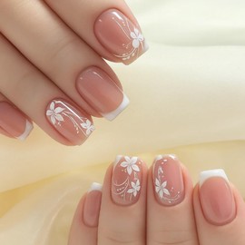 White Flower French Tip Press On Nails Short Square Fake Nails with Delicate Floral Design - 24Pcs Glossy Stick On Nails Full Cover Acrylic Nail Tips - For Wedding, Party, Daily Wear