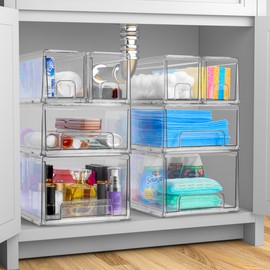 Sorbus 1 Large & 2 Small Clear Stackable Storage Drawers – Plastic Organizer Bins with Handles – Stackable Pull-Out Storage Drawers for Closet, Pantry, Office, Bathroom, Craft, and Toy Organization