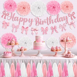 Pink Bow Birthday Party Decorations Coquette Birthday Decorations Include Pink Bow Happy Birthday Banner Pink Bow Garland Banner Paper Pom Poms Paper Tassel for Sweet Girl Birthday Party Decoration