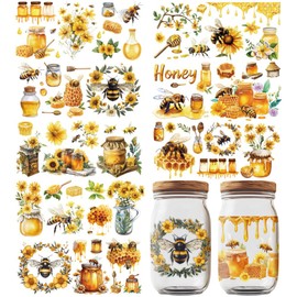 GOMAKERER 10 Sheets UV DTF Cup Wraps, 10 Styles Sweet Honey Decals Cartoon Bee Theme Rub on Decals Waterproof Transfer Stickers for Glass Cups Wood Crafts