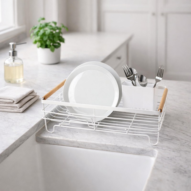 Oggi Large Dish Drying Rack - White & Bamboo Dish
