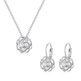 Clearine Cubic Zirconia Camellia Flower Jewellery Set for Women Girls Bridal Flower Necklace Earrings Set Jewellery Gift, Cubic Zirconia, Cubic Zirconia