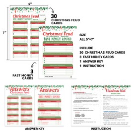 Christmas Feud Game, Christmas Friendly Feud Quiz - Pack of 30 Feud Cards + 3 Fast Money Round Cards, Games for Family, Office, Class, Group, Christmas Decorations, Birthday Party Games (SDJEV01)