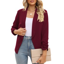 POGT Womens Blazers for Work Casual 3/4 Sleeve Jacket Open Front Cardigan Blazer (S, Wine Red)