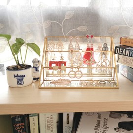 3-Tier Glass Triangular Prism Shaped Jewelry Stand Display Case with Vintage Style Brass Tone Metal Frame (Small)