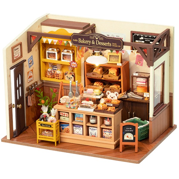 Rolife Miniature House Kit Dollhouse Becca's Baking House Bakery DIY 3D Puzzle LED Handmade Kit Assembly Wooden Puzzles Wood Craft with Illustration Instruction Manual Official Sale for Kids and Adults, Interior Accessories, Killing Time, Great Gift