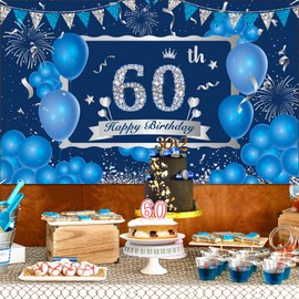 RUMIA Blue 60th Birthday Banner for Men, Navy Blue SilverHappy 60th Birthday Banner Background, Large Blue 60th Birthday Banner for 60th Birthday Party Decorations 72.8