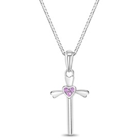 925 Sterling Silver 16" Pink Cubic Zirconia Heart Cross Pendant Necklace for Young Girls & Preteens - Lovely Heart CZ Cross Charm Jewelry for Girl's Daily Accessory - Elegant Religious Necklaces