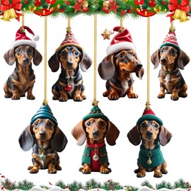 Pack of 7 Dachshund Christmas Tree Decorations Cute 2D Acrylic Dachshund Christmas Tree Decoration Christmas Pendant Dog Flat Decorations Car Ornament Gifts (8 cm)