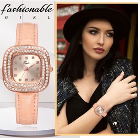 JewelryWe Watches Women's Leather Rectangular Elegant Glitter Rhinestone Analogue Quartz Wrist Watch Women Casual Watch with Rectangular Roman Numerals Dial and Leather Strap, Swirls - Pink, Strap.