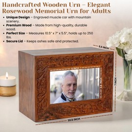 Hind Handicrafts Rosewood Border Engraved Wooden Cremation Urns for Human Ashes Adult - Handcrafted Photo Funeral Memorial Ashes Urn - Columbarium Urn (250 Cubic Inches, Natural)