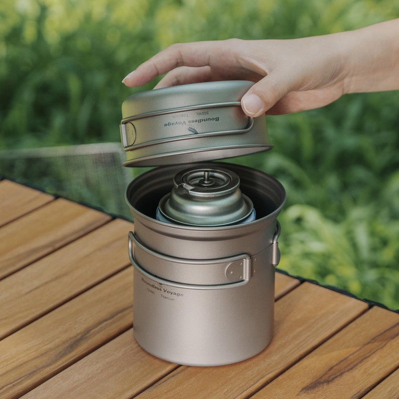 iBasingo Titanium Pot Pan Set Lightweight Camping Cookware Outdoor Kitchen