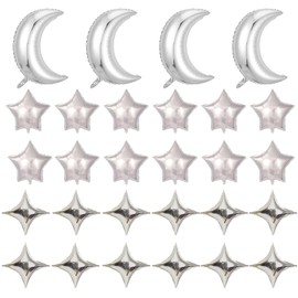 BIEUFBJI 28Pcs Silver Moon Star Shape Foil Balloons with 24Pcs Silver Star Balloons and 4Pcs Large Moon Foil Balloons for Baby Shower Wedding Decors Anniversary Birthday Decorations Party Decoration