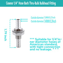 1/4" Hose Barb Thru-Bulk Bulkhead Fitting,304 Stainless Steel Straight Hex Union Fitting for Water Fuel Air，lead-free (Pack of 2)