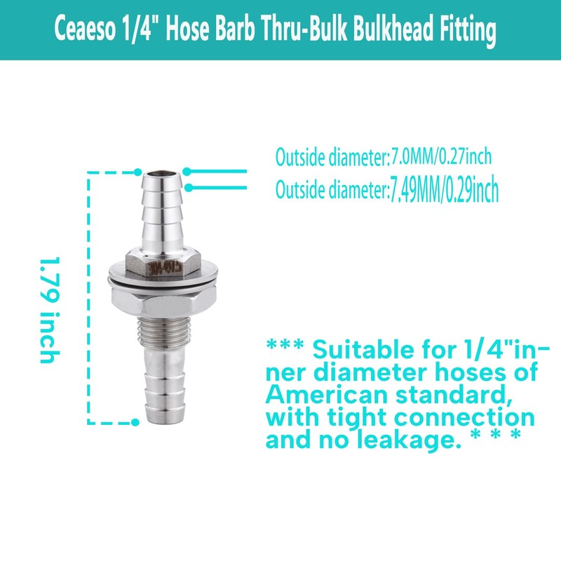1/4" Hose Barb Thru-Bulk Bulkhead Fitting,304 Stainless Steel Straight Hex