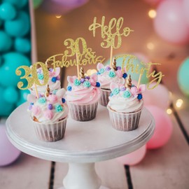 48 piezas de adornos para cupcakes de 30 cumpleaños, con purpurina Hello 30 para cupcakes, 30 fabulosos treinta púas de cupcakes para feliz cumpleaños 30, boda, aniversario, fiesta, decoración de pasteles, color dorado