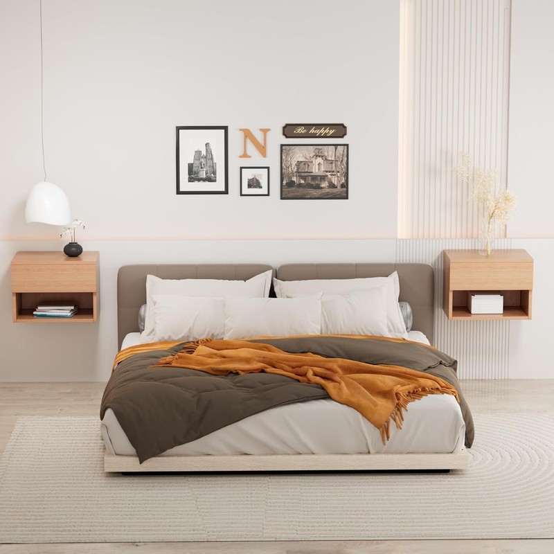 Floating Nightstand, Modern Wall Mounted Bedside Table with Drawer, Wood