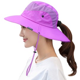 Women's Summer Sun Hat Wide Brim UV UPF50 Protection Hats Foldable Packable Ponytail Bucket Cap for Safari Beach Fishing Gardening Purple