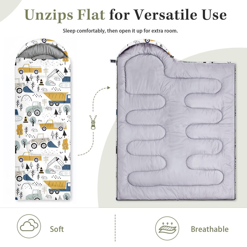 WeCozy Construction Truck Sleeping Bag for Kids, 3 Season Lightweight