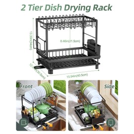 Nfnoyp Dish Drying Rack, 2 Tier Space-Saving Dish Rack, Multifunctional Dish Drainer for Kitchen Counter with Drainboard/Utensil/Cup Holder Rustproof Carbon Steel, Black