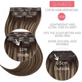 Loxxy Ultra Seamless Hair Extensions Clip in PU Weft Thick Remy Human Hair Clip in Extensions Rooted Dark Brown to Chestnut Brown Mixed With Dark Brown Natural Hair Extensions 7PCS 110G 16inch #R2-2/6